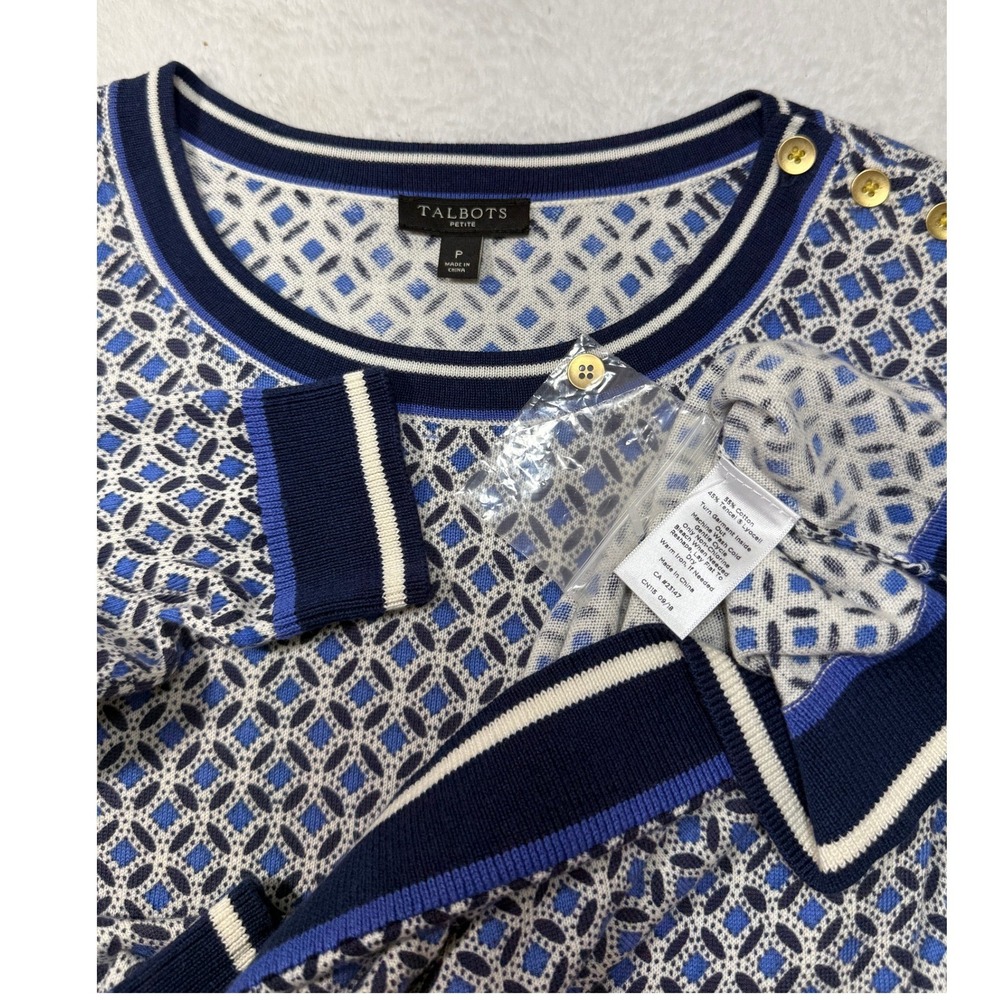 Talbots Petite S Blue Geometric Tile Print Sweater Gold Shoulder Buttons Preppy